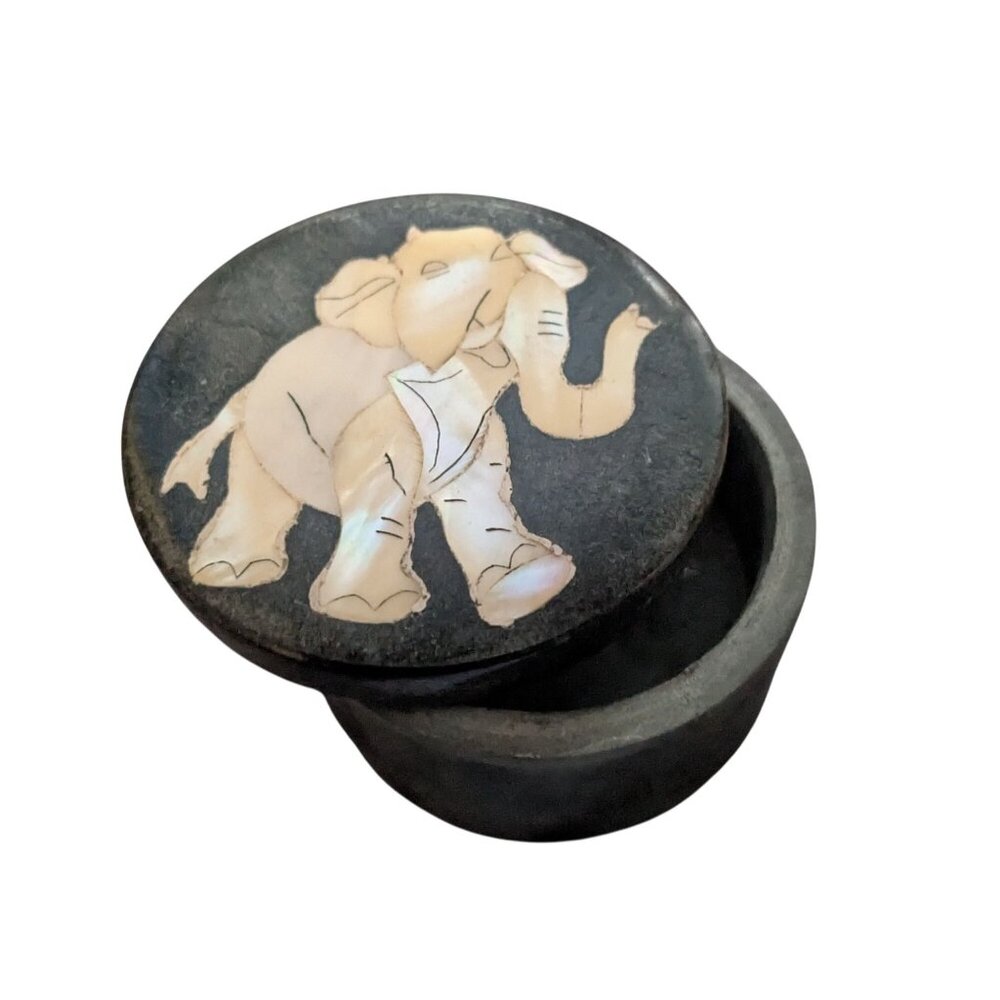 Mother of Pearl Inlay Elephant Soapstone Ring Trinket Box 2.5 in x 1.5 in